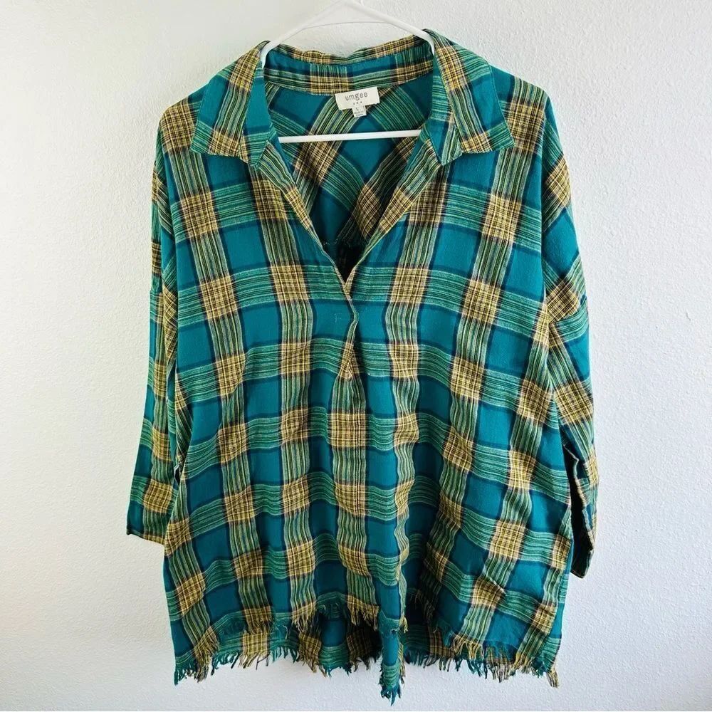 Umgee Teal Yellow Plaid Long Sleeve Popover Tunic Size L